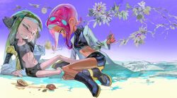  2girls agent_3_(splatoon) agent_8_(splatoon) arm_rest arm_warmers bike_shorts black_footwear black_headphones black_shirt black_shorts black_skirt blue_eyes boots bra coat collared_shirt covering_one_eye covering_own_eyes crop_top dark-skinned_female dark_skin fang flower full_body gradient_background green_hair grey_bra headphones highres holding holding_stethoscope inkling inkling_girl inkling_player_character lab_coat long_hair looking_at_another midriff miniskirt multiple_girls navel nintendo octoling octoling_girl octoling_player_character one_eye_closed open_clothes open_coat open_mouth open_shirt open_vest paint_splatter paint_splatter_on_face pink_hair scar scar_on_stomach shirt shorts sitting skirt splatoon_(series) splatoon_2 splatoon_2:_octo_expansion stethoscope strap_slip suction_cups tentacle_hair twintails uim_ase underwear vest white_coat white_flower yellow_eyes yellow_vest 