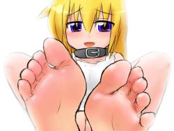  1girl barefoot blonde_hair blue_eyes character_request collar feet foot_focus purple_eyes pussy shirt simple_background soles solo toes white_shirt  rating:Explicit score:25 user:palmorus