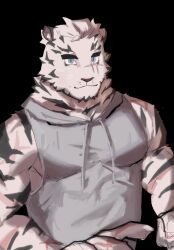  1boy animal_ears arknights black_background blue_eyes commentary cross_scar english_commentary facial_scar furry furry_male grey_hoodie highres hood hoodie lodgebert looking_at_viewer male_focus mountain_(arknights) scar scar_across_eye scar_on_cheek scar_on_face sleeveless sleeveless_hoodie smile tiger_boy tiger_ears tiger_stripes upper_body whiskers 