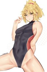  1girl abs absurdres alternate_costume blonde_hair breasts commentary deccatezu english_commentary fate/grand_order fate_(series) green_eyes hair_ornament hair_scrunchie highres mordred_(fate) navel red_scrunchie scrunchie small_breasts solo spread_legs swimsuit two-tone_swimsuit v  rating:Sensitive score:13 user:danbooru