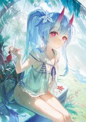 1girl absurdres bare_legs bikini blue_archive chise_(blue_archive) chise_(swimsuit)_(blue_archive) collarbone crab flat_chest flower grey_hair hair_flower hair_ornament happyongdal highres horns long_hair looking_at_viewer navel oni oni_horns open_mouth parted_lips ponytail red_eyes sailor_collar see-through sitting starfish striped_bikini striped_clothes swimsuit rating:Sensitive score:12 user:danbooru