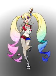  1girl bad_id bad_twitter_id baseball_bat batman_(series) belt big_hair blonde_hair blue_hair boots choker colored_tips cosplay dc_comics drill_hair eyepatch fishnet_pantyhose fishnets full_body gloves gradient_hair gyosone harime_nui harley_quinn harley_quinn_(cosplay) kill_la_kill pantyhose_under_shorts long_hair looking_at_viewer midriff multicolored_hair navel open_mouth pantyhose pantyhose_under_shorts pink_hair short_shorts shorts single_glove solo suicide_squad torn_clothes torn_pantyhose trait_connection twin_drills twintails two-tone_hair very_long_hair  rating:Sensitive score:41 user:dmysta3000