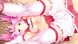  1girl bloomers breasts cleavage closed_mouth dodai_shouji elbow_gloves folded game_cg glaring gloves heat-soft kneepits long_hair looking_at_viewer lying magical_girl mahou_shoujo_wo_mucha_kucha_taoshitai on_back pink_hair red_eyes red_skirt skirt solo sweat thighhighs toudou_ichigo twintails underboob underwear white_bloomers white_gloves white_thighhighs 