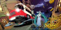1girl bracelet bus bus_stop coin cthulhu_mythos dress green_hair hand_on_own_hip hat hatsune_miku highres jewelry long_hair maxgonta motor_vehicle night sky solo star_(sky) starry_sky suitcase sun_hat the_shadow_over_innsmouth twintails vehicle very_long_hair vocaloid