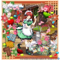 4girls alternate_costume animal_ears apron building candy cat_ears cat_tail chocolate commentary copyright_name copyright_notice dress english_commentary extra_ears fish food full_body game_cg green_dress green_footwear grey_hair heart holding holding_paper kaenbyou_rin kaenbyou_rin_(palace_of_the_earth_spirits&#039;_pawsome_helper) leg_ribbon looking_at_viewer maid maid_headdress multiple_girls multiple_tails musical_note nekomata outdoors paper ribbon rotte_(1109) shopping_cart short_hair tail third-party_source touhou touhou_lostword transparent_wings two_tails waist_apron white_apron wings zombie_fairy_(touhou)