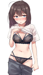 1girl absurdres akizuki_(kancolle) alternate_costume alternate_hairstyle black_bra black_hair black_panties black_pants blue_eyes blush bra breasts clothes_lift clothes_pull hair_down highres kantai_collection kiritto lifting_own_clothes long_hair navel panties pants pants_pull shirt shirt_lift short_sleeves small_breasts solo underwear white_shirt