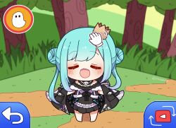 0725akaba 1girl absurdres arrow_(symbol) barefoot black_dress black_jacket blue_hair blurry blurry_background blush bug butterfly chibi closed_eyes commentary_request creatures_(company) crown depth_of_field double_bun dress facing_viewer forest frilled_dress frills game_freak gradient_hair hair_bun hand_cursor highres hololive insect jacket jacket_on_shoulders long_hair mini_crown multicolored_hair nature nintendo open_mouth parody pink_hair play_button pokemon pokemon-amie pokemon_xy solo tilted_headwear tree twintails twitter_username uruha_rushia uruha_rushia_(3rd_costume) very_long_hair virtual_youtuber