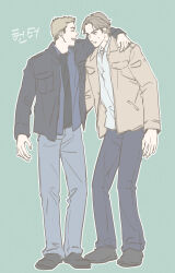  2boys arm_on_another&#039;s_shoulder blonde_hair brothers brown_hair closed_eyes dean_winchester full_body green_eyes highres korean_text looking_at_another male_focus multiple_boys sam_winchester short_hair siblings simple_background smile supernatural_(tv_series) sweatdrop translation_request tripleace333 