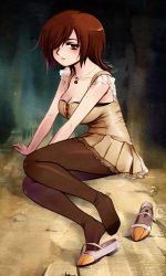 1girl arm_support blush breasts brown_eyes brown_hair buttons cleavage dress fatal_frame fatal_frame_4 female_focus hair_over_one_eye jewelry lace lace-trimmed_dress lace_trim large_breasts messiah messiah_cage minazuki_ruka necklace pantyhose shoe_dangle shoes unworn_shoes short_hair single_shoe sitting solo yokozuwari rating:Sensitive score:29 user:danbooru