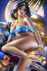  1girl aladdin_(disney) anklet arabian_clothes arched_back areola_slip artist_name ayya_sap balcony bare_shoulders black_hair blurry blurry_background blush bottomless bracelet breasts brown_eyes cleavage collarbone cowboy_shot dark-skinned_female dark_skin disney earrings eyelashes eyeliner eyeshadow magic_carpet from_side gem glint gold gold_bracelet gold_earrings gold_footwear gold_nails gold_necklace high_heels highres jasmine_(disney) jewelry leg_up lips lipstick long_hair looking_at_viewer magic_carpet makeup medium_breasts moon multi-tied_hair nail_polish nails necklace night no_bra nose outdoors parted_bangs parted_lips petals platform_footwear platform_heels princess pussy revealing_clothes smile solo standing tassel thick_thighs thighs tiara toenail_polish toenails toes twisted_torso very_long_hair  rating:Explicit score:70 user:thatone3