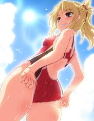 1girl adjusting_clothes adjusting_swimsuit back bad_id bad_twitter_id blonde_hair blue_sky cloud commentary_request competition_swimsuit covered_erect_nipples cowboy_shot day fate/grand_order fate_(series) from_below green_eyes grin highres long_hair mordred_(fate) mordred_(fate/apocrypha) one-piece_swimsuit outdoors ponytail red_one-piece_swimsuit sky smile solo standing striped_clothes striped_one-piece_swimsuit sun swimsuit thighs vertical-striped_clothes vertical-striped_one-piece_swimsuit yoshi_tama rating:Sensitive score:30 user:danbooru
