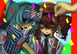  1other 2girls 401-chan @_@ absurdres alternate_costume ambiguous_gender bags_under_eyes black_necktie blue_background blue_eyes blue_hair blue_hat bow coin coin_on_string collared_shirt confetti constricted_pupils crazy crossdressing dress drill_hair drop_shadow furrowed_brow hair_between_eyes hat hat_bow hatsune_miku highres hug hypnosis kasane_teto long_hair looking_at_another looking_at_viewer mesmerizer_(vocaloid) mind_control multiple_girls necktie nervous_sweating open_mouth out_of_frame pillarboxed pinstripe_dress pinstripe_pattern pinstripe_shirt puffy_short_sleeves puffy_sleeves raised_eyebrow red_eyes red_hair red_hat shaded_face sharp_teeth shirt short_sleeves striped_bow suspenders sweat tearing_up teeth turn_pale twin_drills twintails upper_body utau visor_cap vocaloid waiter waitress wavy_mouth white_shirt wide-eyed 