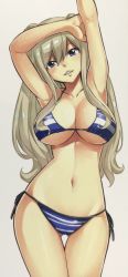  1girl arms_up bikini blonde_hair blue_eyes breasts eden&#039;s_zero highres large_breasts lips long_hair looking_at_viewer navel official_art open_mouth rebecca_bluegarden side-tie_bikini_bottom solo swimsuit underboob  rating:Sensitive score:36 user:Akenshi