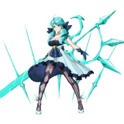 1girl absurdres ahoge black_bow black_gloves black_pantyhose bow breasts cleavage collarbone dress drill_hair full_body gloves green_eyes green_hair grey_background grey_dress gwen_(league_of_legends) hair_bow heterochromia highres league_of_legends long_hair looking_at_viewer needle oversized_object pantyhose pink_eyes rikuty scissors sewing_needle simple_background smile solo twin_drills twintails rating:Sensitive score:4 user:danbooru