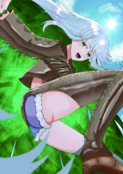  1girl aztec blue_hair bracelet braid breasts clothing_aside colored_inner_hair crystal_hair denim detached_pants fate/grand_order fate_(series) fringe_trim green_eyes green_hair jacket jewelry kukulkan_(fate) kukulkan_(first_ascension)_(fate) long_hair mexican_clothes midriff multicolored_hair open_mouth shorts shorts_aside smile solo 