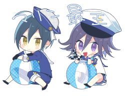  2boys ahoge alternate_costume anchor_print ball bare_legs beachball bead_bracelet beads black_footwear black_gloves black_hair black_wristband blue_bracelet blue_hat blue_pants blue_sailor_collar blue_shirt blue_sleeves blush_stickers bracelet buttons checkered_wristband chibi closed_mouth collared_shirt crossed_arms danganronpa_(series) danganronpa_v3:_killing_harmony gloves hair_between_eyes hands_on_own_cheeks hands_on_own_face happy hat jewelry long_sleeves male_focus multicolored_buttons multiple_boys oma_kokichi open_mouth pants polka_dot_headwear purple_eyes purple_hair saihara_shuichi sailor sailor_collar sailor_hat sailor_shirt shell shirt shoes short_hair short_sleeves shorts simple_background sitting sleeves_past_elbows smile two-tone_hat two-tone_wristband unmoving_pattern white_background white_hat white_sailor_collar white_shirt white_shorts white_sleeves white_wristband yomoda_(7taizai7bitoku) 