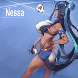  1girl absurdres ass bare_shoulders black_hair blue_eyes blue_hair breasts covered_erect_nipples creatures_(company) cropped dark-skinned_female dark_skin female_focus game_freak highres large_breasts long_hair metal_owl_(aden12) multicolored_hair nessa_(pokemon) nintendo open_mouth pokemon pokemon_swsh solo standing third-party_edit underboob very_long_hair  rating:Questionable score:75 user:lolianon2