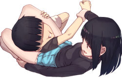 1boy 1girl aqua_skirt arm_grab bare_legs between_legs black_eyes black_hair black_sweater blue_hair blunt_bangs breasts child faceless faceless_male frilled_skirt frills from_above from_side full_body grabbing_another&#039;s_arm hand_on_another&#039;s_leg hand_on_another&#039;s_thigh leg_lock legs loli long_sleeves looking_at_another matching_hair/eyes medium_hair original restrained shorts shota simple_background skirt small_breasts socks struggling sweater tareme teeth thighs usule white_background white_frills white_shorts white_socks wrestling rating:Sensitive score:43 user:fav-gotes