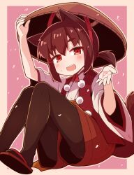  1girl adjusting_clothes adjusting_headwear ajirogasa animal_ears black_pantyhose blush brown_hair commentary_request fox_ears fox_girl fox_tail geta hair_ornament hair_tie hairclip hand_on_headwear hands_up hat highres jacket japanese_clothes kimono knees_up long_sleeves looking_at_viewer low_ponytail open_hand open_mouth original pantyhose pom_pom_(clothes) red_eyes red_jacket red_shorts short_eyebrows short_hair shorts simple_background sitting solo tail tengu white_kimono wide_sleeves yukinagi 