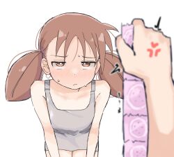 1girl anger_vein azumanga_daiou blush brown_eyes brown_hair condom condom_packet_strip condom_wrapper dress highres leaning_forward loli mihama_chiyo pov pov_hands sabotaged_condom simple_background solo_focus twintails zlix0n  rating:Questionable score:113 user:KingSphinx