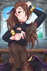  1girl absurdres armpits arms_up breasts brown_hair cleavage cleavage_cutout clothing_cutout covered_navel day diviner_(fire_emblem_fates) elbow_sleeve fire_emblem fire_emblem_fates fire_emblem_heroes hair_over_one_eye highres kagero_(fire_emblem) long_hair looking_to_the_side medium_breasts nintendo one_eye_covered ponytail red_eyes solo table xereane 