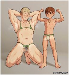  2boys age_difference armpit_crease armpit_hair armpits arms_up bikini blonde_hair brown_eyes brown_hair censored chastity_cage chilchuck_tims crossdressing dungeon_meshi feet flexing halfling japanesebonustrack jewelry jockstrap kneeling laios_touden looking_at_viewer male_focus male_underwear micro_bikini mosaic_censoring multiple_boys necklace nipples panties shota size_difference sweaty_clothes swimsuit toes underwear yellow_eyes 