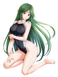  1girl absurdres barefoot black_one-piece_swimsuit commentary_request competition_swimsuit feet female_focus full_body green_eyes green_hair highleg highleg_swimsuit highres jewelry kid_icarus kid_icarus_uprising kneeling legs long_hair looking_at_viewer matching_hair/eyes nintendo one-piece_swimsuit palutena simple_background smile solo super_smash_bros. swimsuit tamamon thighs tiara toes very_long_hair white_background 