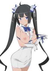  arm_under_breasts between_breasts black_hair blue_eyes breasts breasts_out dungeon_ni_deai_wo_motomeru_no_wa_machigatteiru_darou_ka female_focus hair_ribbon hestia_(danmachi) highres large_breasts long_hair morisobo pout ribbon solo twintails white_background  rating:Explicit score:93 user:anonymoususer64