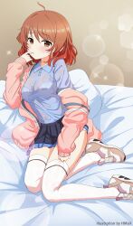  1girl absurdres ahoge artist_name bed_sheet black_skirt blue_shirt blush bra bra_visible_through_clothes breasts brown_eyes brown_hair commentary_request gakuen_idolmaster hanami_ume hand_to_own_mouth highres hmax idolmaster jacket long_sleeves looking_at_viewer medium_breasts medium_hair miniskirt off_shoulder open_clothes open_jacket panties parted_lips pillow pink_jacket pleated_skirt see-through see-through_shirt shirt shoes sitting skirt sneakers solo thighhighs underwear wet wet_clothes wet_shirt white_bra white_panties white_thighhighs yokozuwari 