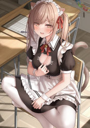 1girl alternate_costume animal_ear_fluff apron bell black_dress blush breasts brown_eyes brown_hair cat cat_cutout cat_girl cat_tail cleavage_cutout clothing_cutout commentary_request crossed_legs dress enmaided fang frilled_apron frills hair_ornament hair_ribbon highres jingle_bell long_hair looking_at_viewer maid maid_headdress medium_breasts monaka_curl neck_bell neck_ribbon on_chair open_mouth original paid_reward_available pantyhose puffy_short_sleeves puffy_sleeves red_ribbon ribbon short_sleeves sitting table tail twintails waist_apron white_apron white_pantyhose wooden_floor wooden_table wrist_cuffs x_hair_ornament rating:Sensitive score:37 user:danbooru