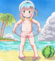  1girl absurdres beach blue_hair blush cleft_of_venus cloud collarbone decensored flip-flops food fruit grass green_eyes grey_footwear hat highres holding innertube kantai_collection loli looking_at_viewer marup multicolored_hair navel nipples nude ocean orange_hair palm_tree pink_hair pussy sailor_hat sand sandals see-through short_hair sky smile standing swim_ring third-party_edit tree tsushima_(kancolle) uncensored water watermelon white_headwear  rating:Explicit score:37 user:lnccabyss