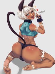  1girl absurdres animal_ears artist_name ass bare_shoulders barefoot breasts cat_ears cat_tail claws come_hither dark_skin eromoggy fingerless_gloves from_behind gloves green_eyes highres huge_ass looking_at_viewer looking_back medium_breasts ms._fortune_(skullgirls) nadia_fortune naughty_face open_mouth revealing_clothes shiny_skin short_hair sideboob skullgirls smile solo tail thick_thighs thighs thong tongue tongue_out 