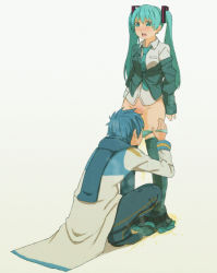 1boy 1girl aqua_eyes aqua_hair au_(autlaws) blush blush_stickers hatsune_miku jacket jacket_over_shoulder kaito_(vocaloid) necktie open_mouth over-kneehighs panties panty_pull pee peeing shirt simple_background skirt striped_clothes striped_panties thighhighs underwear undressing_another unworn_jacket unworn_skirt vocaloid wet wet_clothes wet_panties wet_skirt white_background rating:Explicit score:35 user:danbooru