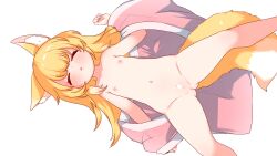  1girl animal_ear_fluff animal_ears blonde_hair blush censored cleft_of_venus closed_eyes cowboy_shot done_(donezumi) facing_viewer flat_chest fox_ears fox_tail gluteal_fold heart heart_censor highres japanese_clothes kimono loli long_hair naked_kimono navel nipples nude original parted_lips pink_kimono simple_background sleeping solo tail white_background  rating:Explicit score:26 user:danbooru