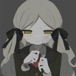  01sh110sush1 1girl bandaid bandaid_on_arm black_ribbon black_sailor_collar blush closed_mouth collar collared_shirt dot_nose fluffy_hair gauze_on_cheek green_serafuku grey_background grey_hair hair_ribbon half-closed_eyes handa_roco highres idolmaster idolmaster_million_live! idolmaster_million_live!_theater_days long_sleeves necktie official_alternate_costume parted_bangs red_necktie ribbon sailor_collar school_uniform serafuku shirt simple_background solo straight-on sweat twintails upper_body wavy_hair white_collar yellow_eyes 