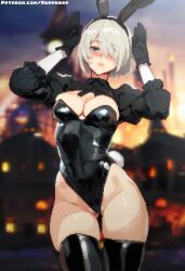  1girl 2b_(nier:automata) absurdres ai-assisted alternate_costume animal_ears arms_up artist_name aurakera black_gloves black_hairband black_leotard black_thighhighs blue_eyes blurry blurry_background blush bob_cut breasts cowboy_shot fake_animal_ears gloves gluteal_fold groin hair_over_one_eye hairband highleg highleg_leotard highres large_breasts leotard looking_at_viewer nier:automata nier_(series) patreon_username pixel_art playboy_bunny puffy_sleeves rabbit_ears rabbit_pose rabbit_tail short_hair shrug_(clothing) skindentation solo tail thighhighs thighs watermark web_address white_hair  rating:Sensitive score:7 user:danbooru