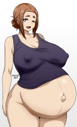  1girl absurdres big_belly bottomless breasts brown_eyes brown_hair cleavage covered_erect_nipples curvy female_focus highres kaii_to_otome_to_kamigakushi large_breasts looking_at_viewer matching_hair/eyes mature_female mole mole_under_eye navel ogawa_sumireko one_eye_closed pregnant sado_art short_eyebrows short_hair solo thick_thighs thighs wide_hips wink 