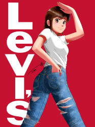  1girl ass ass_focus blue_jeans blue_pants brown_eyes brown_hair chutohampa denim english_text hand_on_own_ass highres jeans levi&#039;s looking_at_viewer looking_back original pants product_placement red_background ripped_jeans salute shirt shirt_tucked_in short_sleeves signature smile torn_clothes white_shirt  rating:Sensitive score:6 user:RapidsLurker15