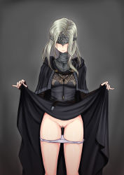  1girl artist_request clothes_lift covered_eyes dark_souls_(series) dark_souls_iii dress dress_lift facing_viewer fire_keeper grey_background grey_hair highres jewelry lifted_by_self mask necklace panties panty_pull pussy pussy_juice simple_background solo standing uncensored underwear wavy_mouth wrist_wrap  rating:Explicit score:112 user:chucky69