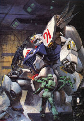 2boys astronaut cable character_name commentary_request f91_gundam fumes gloves gundam gundam_f91 hangar hose machinery mecha mobile_suit multiple_boys official_art painting_(medium) promotional_art realistic retro_artstyle robot scan science_fiction spacecraft_interior takani_yoshiyuki traditional_media tube v-fin 