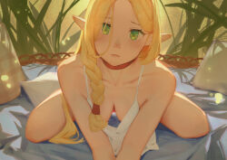  1girl absurdres all_fours bare_shoulders bent_over blonde_hair blush braid breasts cleavage closed_mouth collarbone downblouse dress dungeon_meshi elf gravity-q green_eyes hanging_breasts highres leaning_forward long_hair looking_at_viewer marcille_donato medium_breasts no_bra pointy_ears solo white_dress  rating:Questionable score:96 user:danbooru