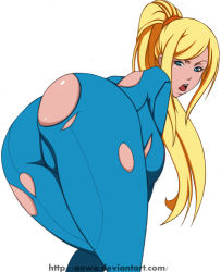 ass bent_over blonde_hair blue_eyes breasts from_behind huge_ass large_breasts leaning legs long_hair looking_back metroid ponytail samus_aran sideboob skin_tight thighs torn_clothes withpride zero_suit rating:Questionable score:92 user:rms141