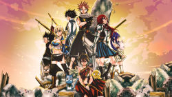 3boys 4girls armor black_legwear blonde_hair boots breasts charle_(fairy_tail) cleaned cleavage crossed_arms eclair_(fairy_tail) elbow_gloves erza_scarlet everyone fairy_tail fairy_tail_houou_no_miko gajeel_redfox gauntlets gloves gray_fullbuster happy_(fairy_tail) highres lucy_heartfilia mashima_hiro midriff miniskirt momon_(fairy_tail) multiple_boys multiple_girls natsu_dragneel navel official_art official_wallpaper pantherlily ponytail red_hair sitting skirt spiked_hair sword tattoo thighhighs wallpaper weapon wendy_marvell white_legwear zettai_ryouiki rating:Sensitive score:31 user:danbooru