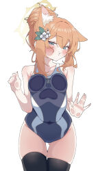  1girl absurdres against_fourth_wall animal_ear_fluff animal_ears black_one-piece_swimsuit black_thighhighs blue_archive blue_eyes blush breasts cat_ears closed_mouth extra_ears fingernails flower hair_flower hair_ornament halo highres long_hair looking_at_viewer mari_(blue_archive) one-piece_swimsuit orange_hair school_swimsuit simple_background small_breasts solo swimsuit thighhighs warabi_mochi_(w4rabimochi) white_background white_flower yellow_halo 