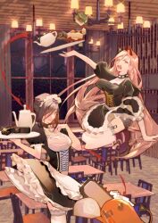  2girls apron black_dress breasts cafe chainsaw_man collar creature demon_girl demon_horns dress furrowed_brow garter_straps gun hair_between_eyes hair_over_one_eye hand_on_own_chest handgun highres holding holding_tray horns indoors large_breasts lihonghua314 long_hair maid maid_apron maid_headdress medium_breasts medium_hair multiple_girls open_mouth pendant_choker pink_hair pitcher pochita_(chainsaw_man) power_(chainsaw_man) puffy_short_sleeves puffy_sleeves red_eyes red_footwear red_horns reze_(chainsaw_man) sharp_teeth short_sleeves shouting smile spiked_collar spikes table teapot teeth thighhighs tray updo weapon white_thighhighs 