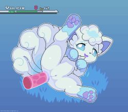 1girl alolan_form alolan_vulpix anal animal_ears animal_hands animated anus blinking blue_eyes blue_sclera cleft_of_venus colored_sclera creatures_(company) disembodied_penis full_body furry furry_female game_freak gameplay_mechanics gen_7_pokemon happy happy_sex kemocamotli lying nintendo no_humans on_side open_mouth paw_pose pawpads penis pixel_art pokemon pokemon_(creature) pussy simple_background smile solo spread_legs tail uncensored  rating:Explicit score:311 user:DarkToonLink