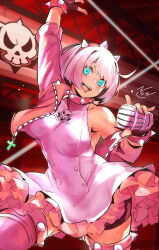  1girl ahoge arm_up bare_shoulders black_gloves black_shorts blue_eyes blush bracelet breasts collar covered_collarbone cowboy_shot cropped_jacket dress elphelt_valentine fingerless_gloves gloves guilty_gear guilty_gear_strive hairband highres holding holding_microphone jacket jewelry kujou_non large_breasts looking_at_viewer microphone open_mouth pink_hairband pink_jacket short_hair shorts signature single_bare_shoulder single_off_shoulder sleeveless sleeveless_dress solo spiked_bracelet spiked_collar spikes white_hair 