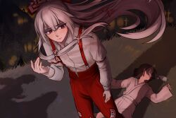  2girls black_hair bow closed_eyes closed_mouth collared_shirt commentary fujiwara_no_mokou fujiwara_no_mokou_(young) grey_hair hair_bow hourai_elixir light_frown long_hair long_sleeves multiple_girls ofuda ofuda_on_clothes pants red_eyes red_pants rlwezar shadow shirt sleeve_garter suspenders time_paradox touhou very_long_hair white_bow white_shirt 