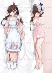  1girl :o absurdres apron babydoll bare_legs bare_shoulders barefoot bed_sheet blank_censor blue_bow blue_hat blush bob_cut bonnet bow breasts brown_eyes brown_hair censored chain cherry_blossoms commission cuffs dakimakura_(medium) flower frilled_apron frills from_above full_body hair_bow hair_flower hair_ornament hands_up hat hat_bow highres japanese_clothes kimono looking_at_viewer lying maid medium_breasts multiple_views navel neck_tattoo nipples no_shoes on_back on_side parted_lips pillow pink_babydoll pink_flower pink_kimono pinstripe_kimono pinstripe_pattern rabbit_ornament red_bow reverse:1999 satsuki_(reverse:1999) see-through_babydoll single_bare_shoulder single_off_shoulder socks spaghetti_strap strap_slip striped_clothes striped_kimono suisen_(suisenhwa) tattoo vertical-striped_clothes vertical-striped_kimono wa_maid watermark white_apron white_bow white_socks wide_sleeves 