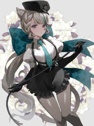  1girl adapted_costume animal_ears aqua_bow aqua_necktie artist_name asagizuisen black_gloves black_shorts bow breasts cat_ears cat_girl cat_tail closed_mouth elbow_gloves facial_mark facial_tattoo floral_background frilled_shorts frills genshin_impact gloves grey_hair hat highres huge_bow looking_at_viewer lynette_(genshin_impact) necktie pantyhose peaked_cap puffy_short_sleeves puffy_sleeves purple_eyes shirt short_sleeves shorts solo star_(symbol) star_facial_mark star_tattoo suspenders tail tattoo whip white_shirt 